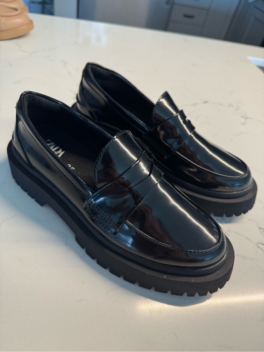Zara Shiny Black Platform Penny Loafers
